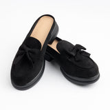 BLACK SLIP-ON MULES WITH BOW