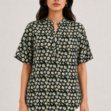 Floral Print Band Collar Cotton Shirt