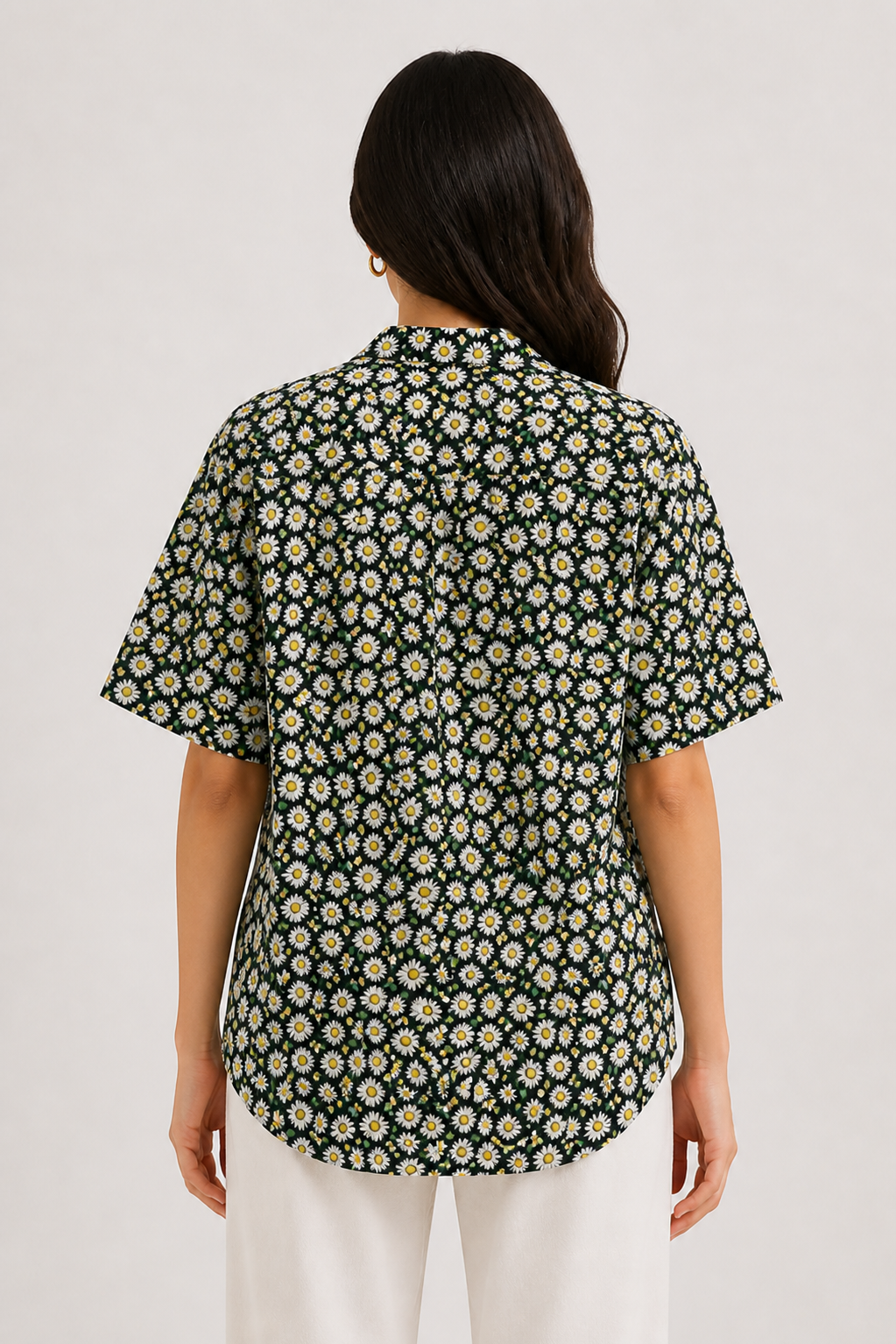 Floral Print Band Collar Cotton Shirt